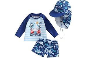 BULINGNA Toddler Baby Boys 3-Pieces Swimsuit Sets Long Sleeve Shark Rash Guard Swimwear Shorts Summer Bathing Suit with Hat