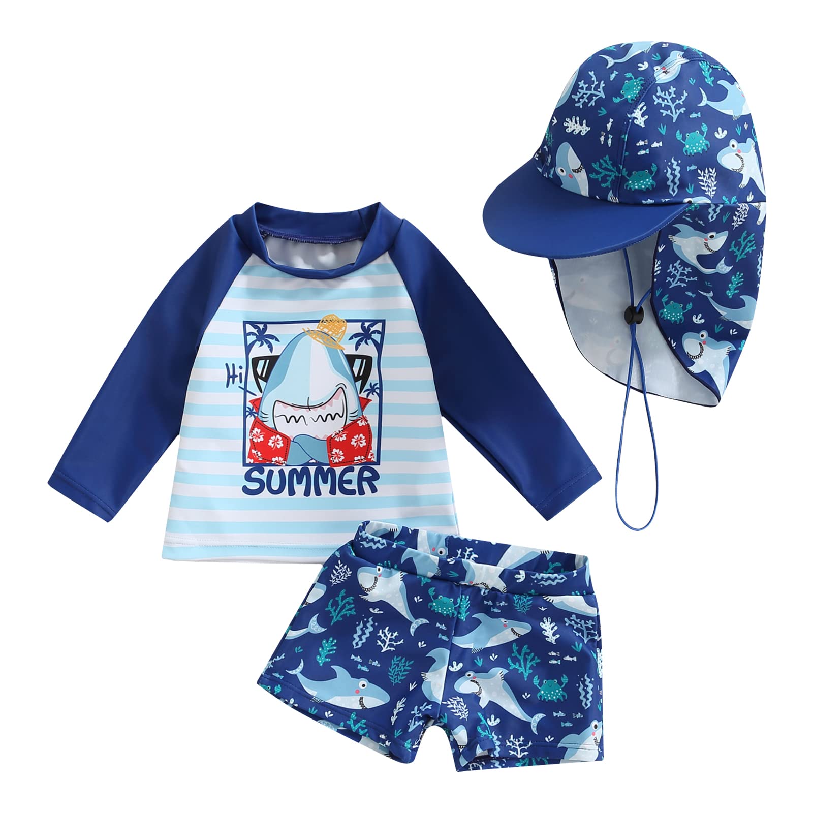 Photo 1 of Toddler Baby Boys 3 Pieces Swimsuit Set Swimwear Dinosaur Shark Zipper Bathing Suit UPF 50+ Rash Guards with Hat (Blue Stripe Shark, 2-3 Years)
