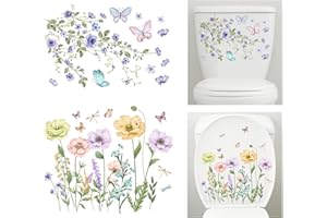 Fumwase 2pcs Toilet Tank and Seat Stickers Set with Different Patterns Colorful Floral Butterfly Toilet Stickers Decals Removable Waterproof Self-Adhesive Toilet Lid Decals for Bathroom Decor