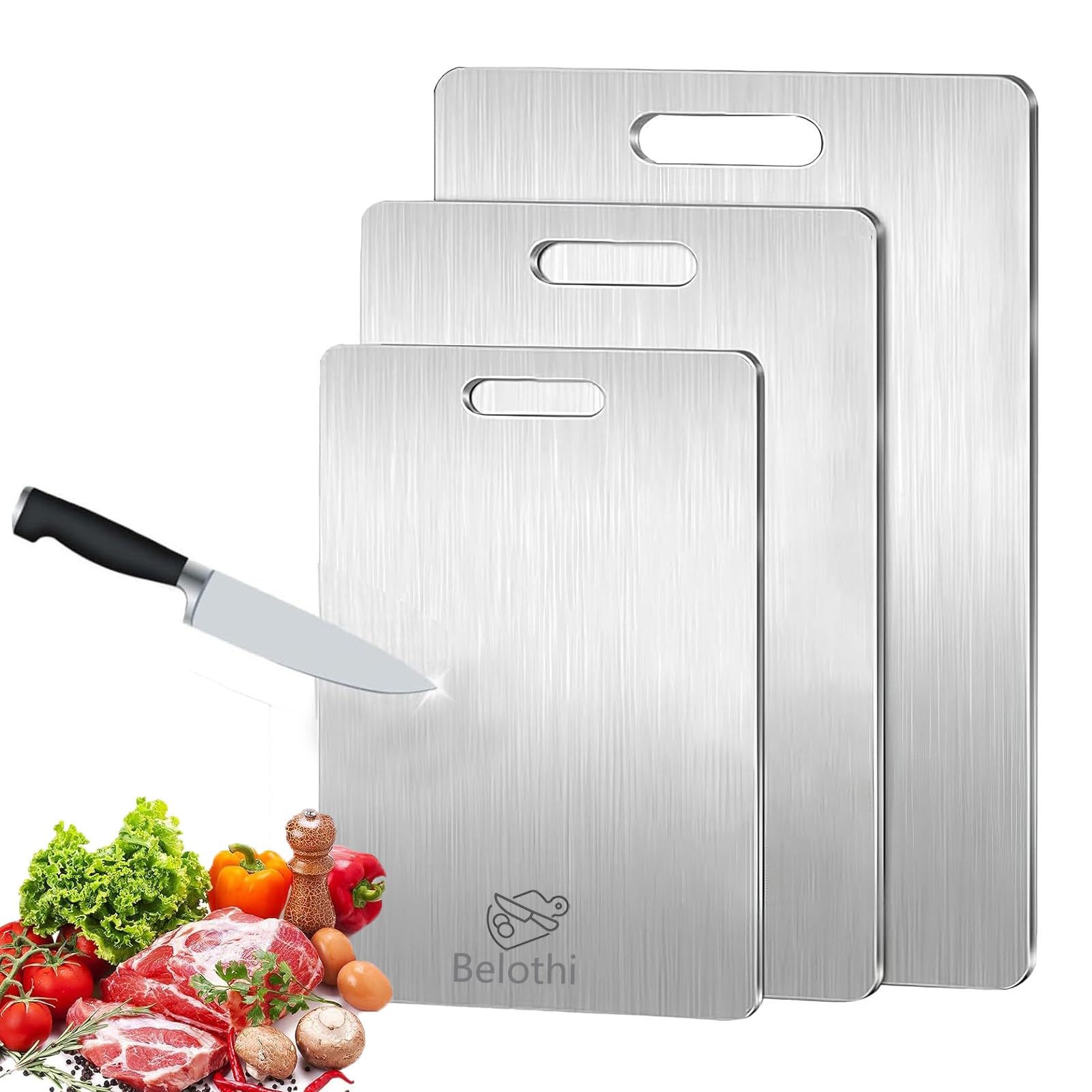Photo 1 of Belothi Stainless Steel Cutting Board, 3 PCS Cutting Boards for Kitchen, 304 Stainless Non Stick Chopping Cutting Board for Meat Fruit & Vegetable (15"x 11",13"x 9",10"x 6")