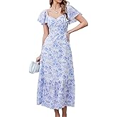 GLNEGE Women's 2025 Summer Midi Floral Boho Dresses Casual Flowy Beach Short Sleeve Dress Ruffle Hem Smocked Sundresses