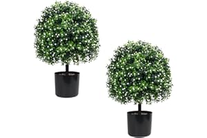 UNADRA 2Pcs Artificial Boxwood Plants Ball Tree (22" T,13" D) - Faux Topiaries for Front Porch Garden Indoor Outdoor Decoration (White Fruit)