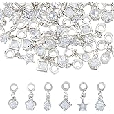 Hobbspring 48pcs 6 Styles Alloy Pave Clear Cubic Zirconia European Dangle Charms, Large Hole Pendant with Tibetan Style Antique Silver Plated Alloy Hangers