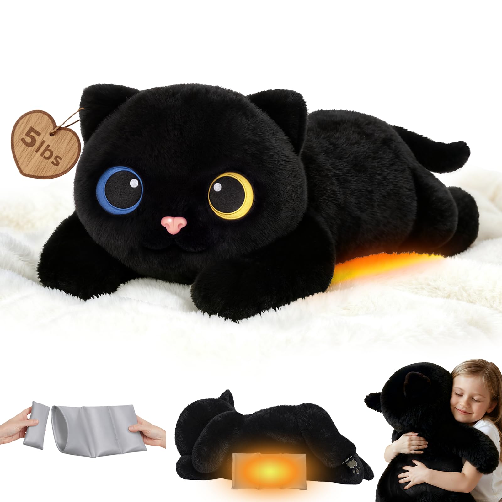 Photo 1 of Mewaii Weighted Stuffed Animals with Microwavable Heating Pad - 5lb Adjustable, Heatable & Coolable Black Cat Plush for Realistic Hug, Removable Inner Pad, Plush Gift for Kids & Adults (23 Inch)