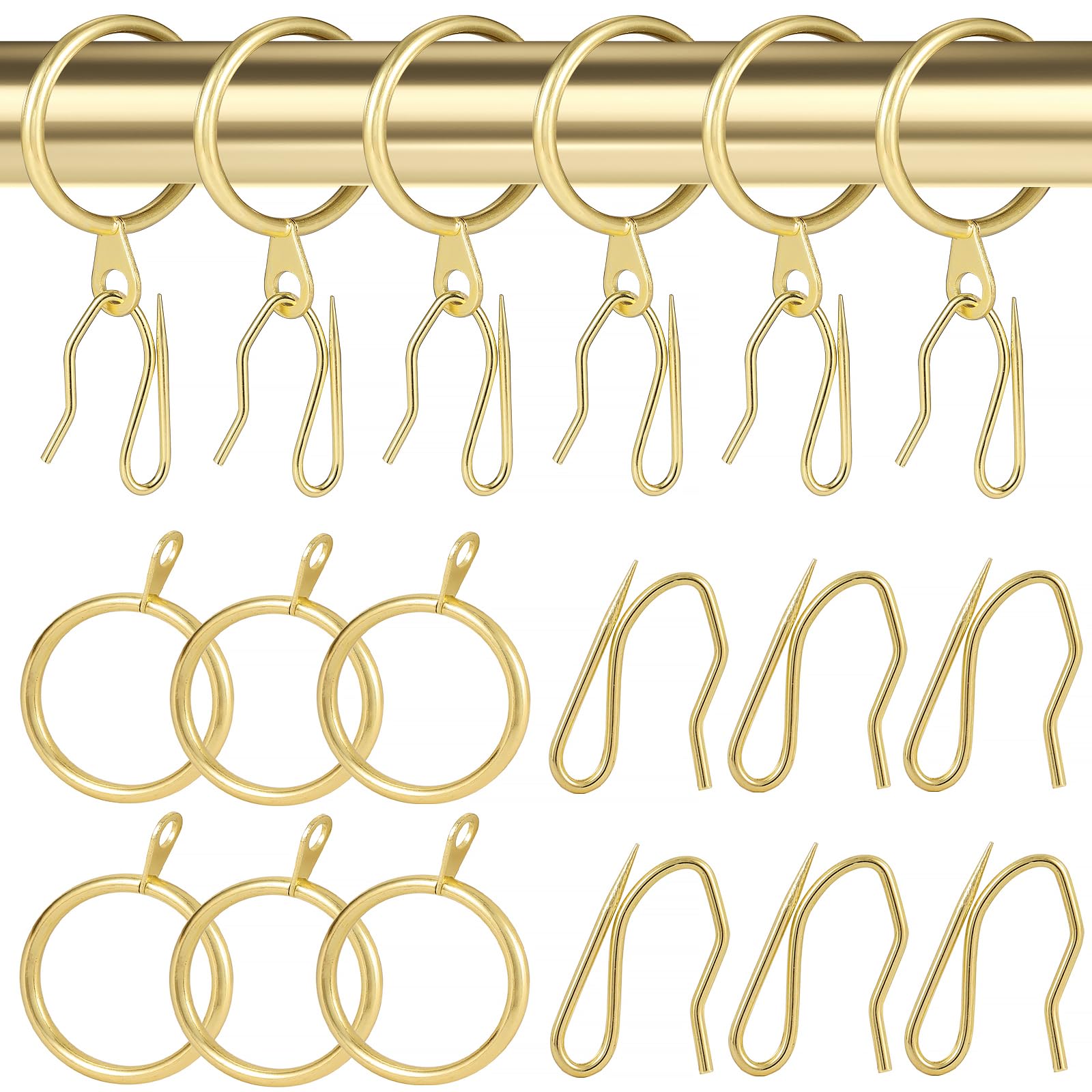 Photo 1 of 32 pcs Metal Drapery Curtain Rings Curtain Hanging Rings and 32 pcs Metal Curtain Drapery Pin Hooks for Window Door Shower Curtain, 30 mm/1.18 inch Internal Diameter (Gold)…