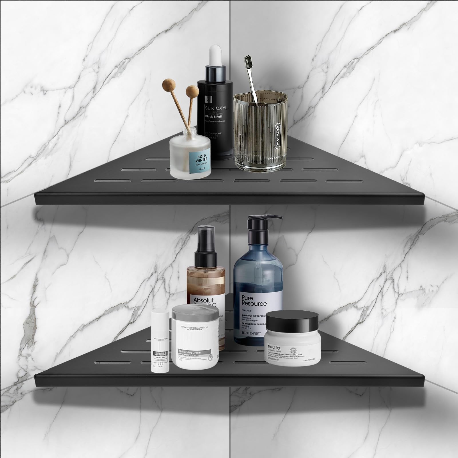 iYueMps Shower Corner Shelf Stainless Steel Corner Shower Caddy Bathroom Shelves Storage Wall Mounted Tiles Recessed for Bathroom, Kitchen,Toilet (Black-2Pcs)