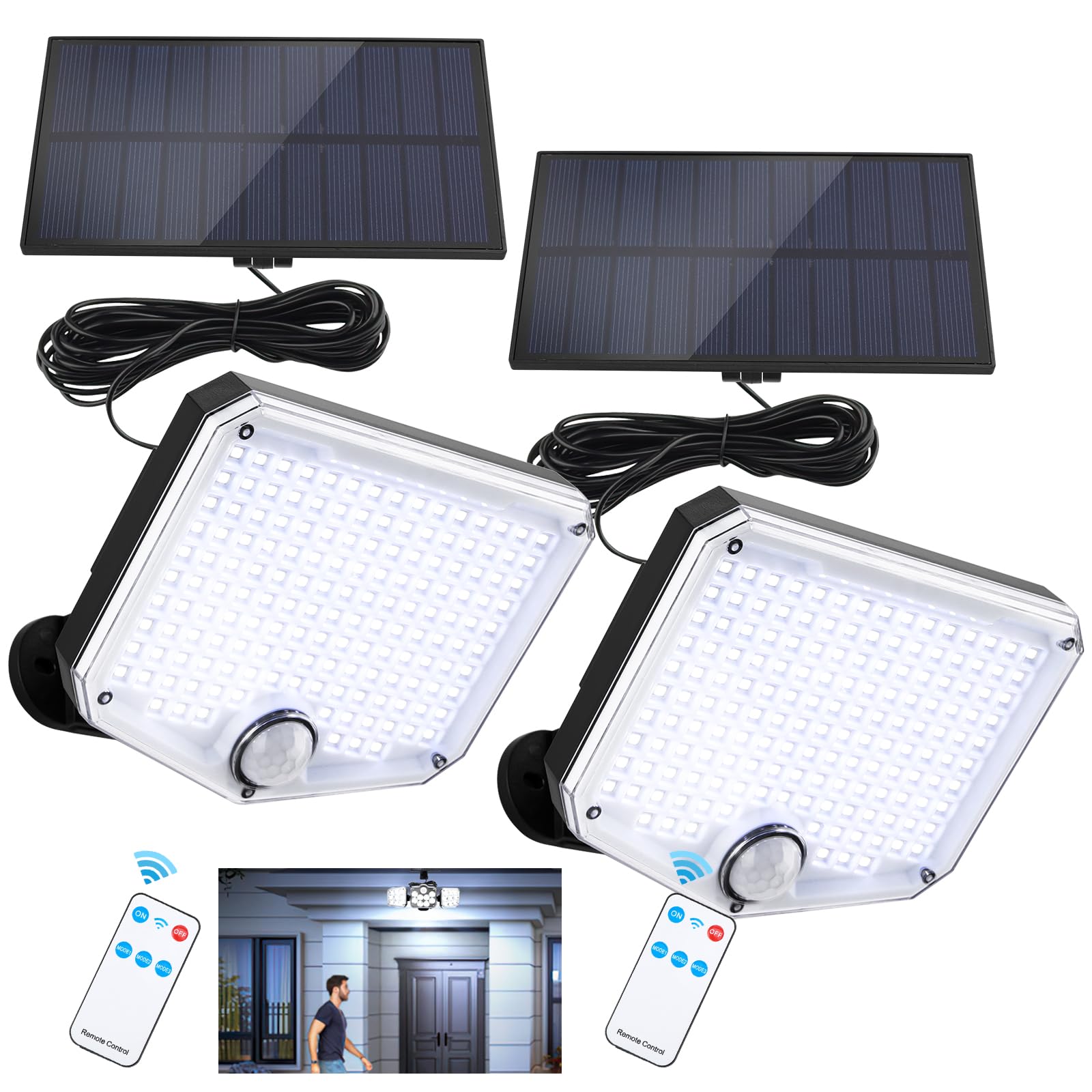 Miawtro 2 Pack Solar Lights Outdoor, 153LED Solar Security Lights Outdoor IP65 Waterproof, 3 Modes Split Solar Powered Flood Lights with Remote & 16.5Ft/5M Cable, for Garden, Yard, Pathway