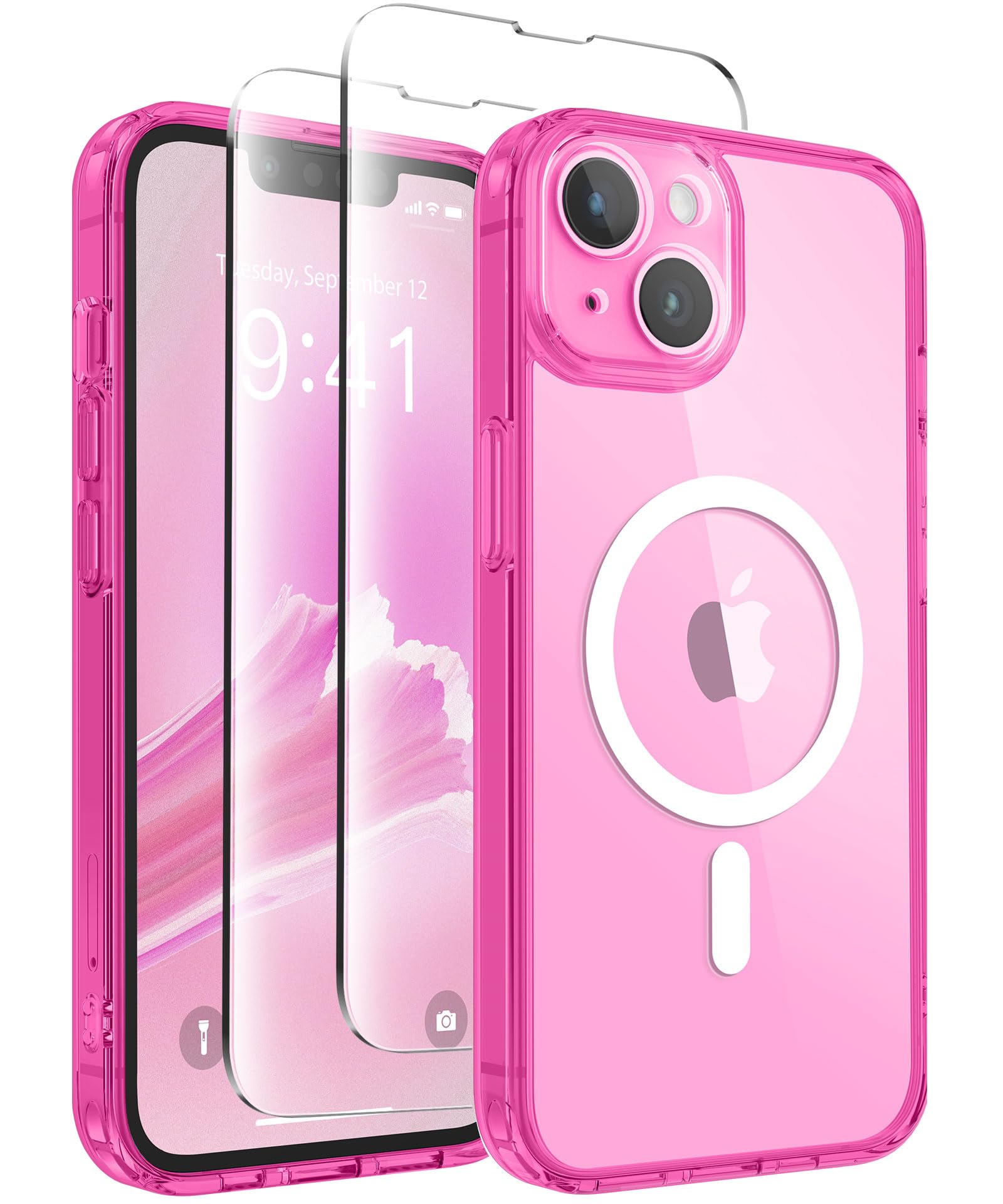 CAPRARO Magnetic for iPhone 14 Case, [Compatible with MagSafe] [Full Camera Protection] [14FT Drop Protection] Shockproof Protective Slim Translucent Matte Phone Case iPhone 14, Clear Neon