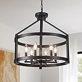 Black Farmhouse Chandelier for Dining Room,6-Light Modern Hanging Drum Chandeliers,20" Rustic Convertible Semi Flush Mount Ce