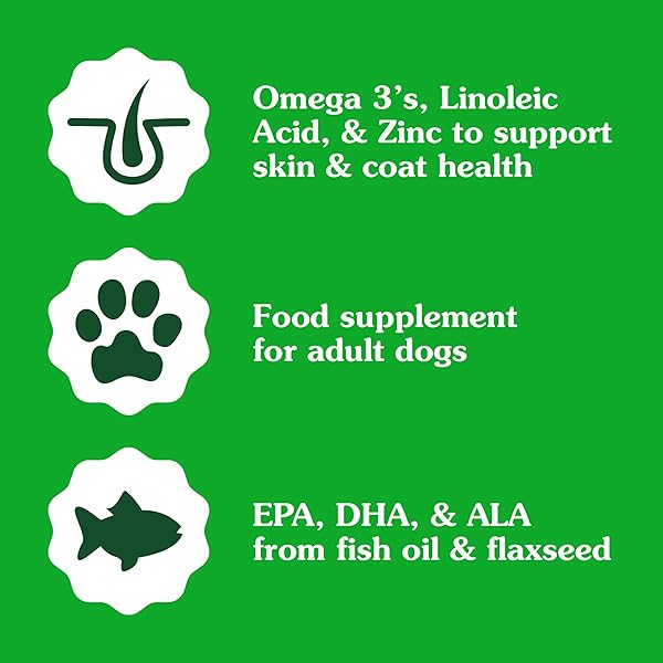 GREENIES SUPPLEMENTS DOG SKIN AND COAT SUPPLEMENTS WITH OMEGA 3 FATTY ACIDS & FISH OIL FOR DOGS, CHICKEN-FREE FORMULA, PEANUT BUTTER FLAVOR, 7.37 OZ, 40 COUNT