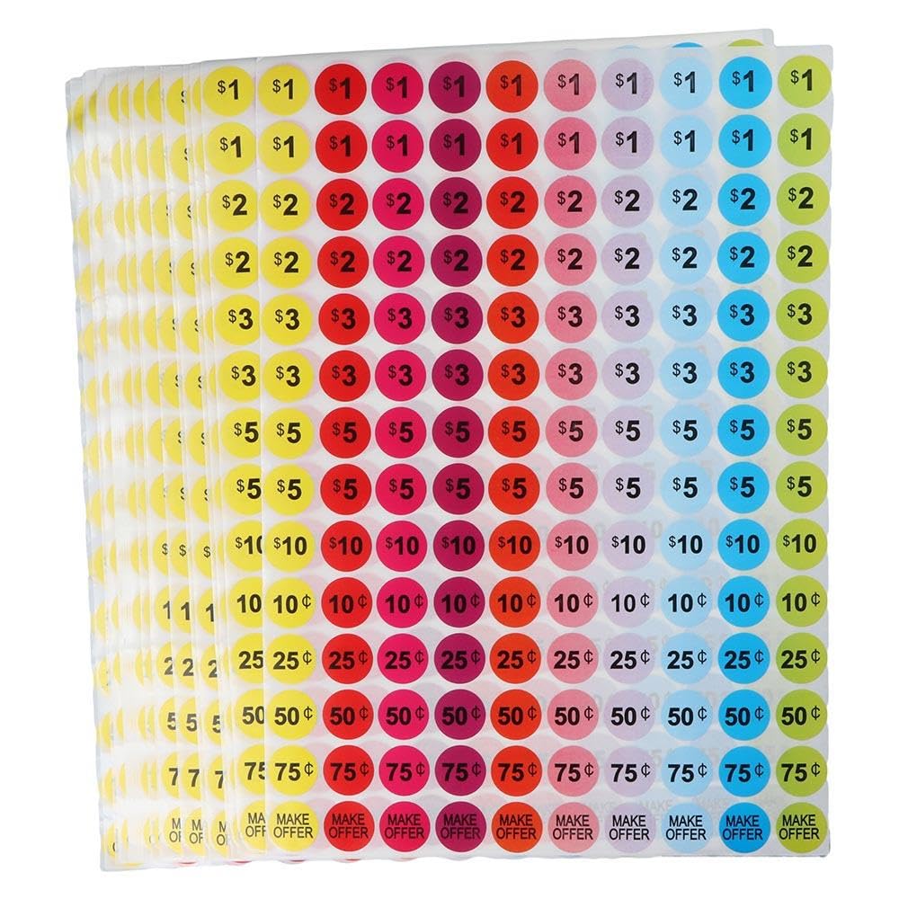 Risedot 20 Sheets Neon Colors Yard Sale Price Stickers, Garage Sale Stickers, Pricing Sale Labels Round Label Stickers