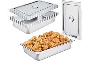 FIJINHOM 4 Pack Hotel Pans, 1/1 Full Size 4’ Deep Steam Table Pan with Lid, 21" L x 13" W Commercial Stainless Steel Pan Food Containers, Catering Supplies Buffet Display