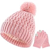 Kids Winter Hat and Gloves Set Girls Fleece Lined Knit Beanie Hats Warm Snow Ski Cap with Pom for Toddler 1-6Years