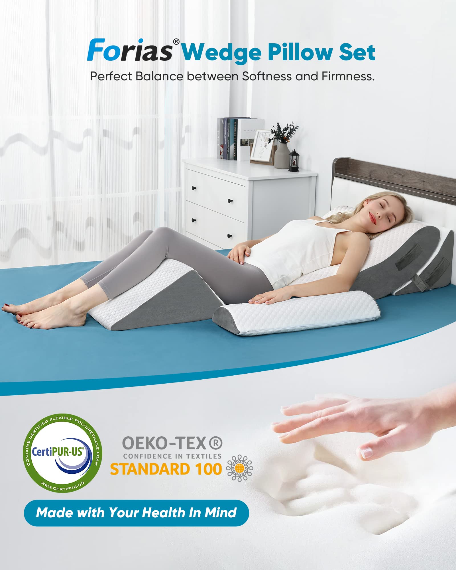 Forias Orthopedic Bed Wedge Pillow Set, 4PCS Wedge Pillow Set for After Surgery, Adjustable Wedge Pillow Set for Acid Reflux Back Pain Relief Post Surgery Snoring Sleep Apnea, Legs Neck Knee Support