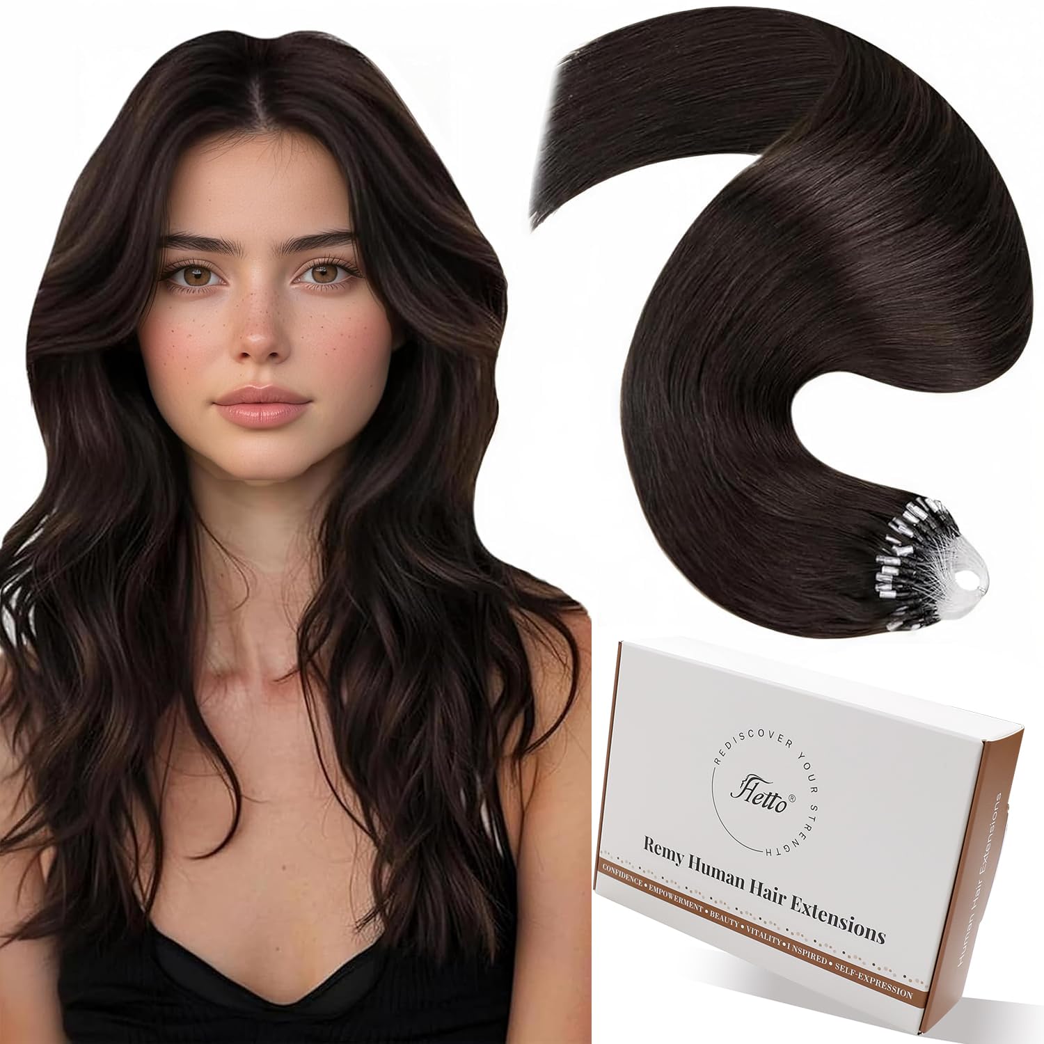 Hetto Micro Beads Hair Extensions Dark Brown 16 Inch - Straight Micro Rings Extensions Easy Apply, Reusable Human Hair Natural Looking for Volume Boost #2 Brown 50g 50 Strands