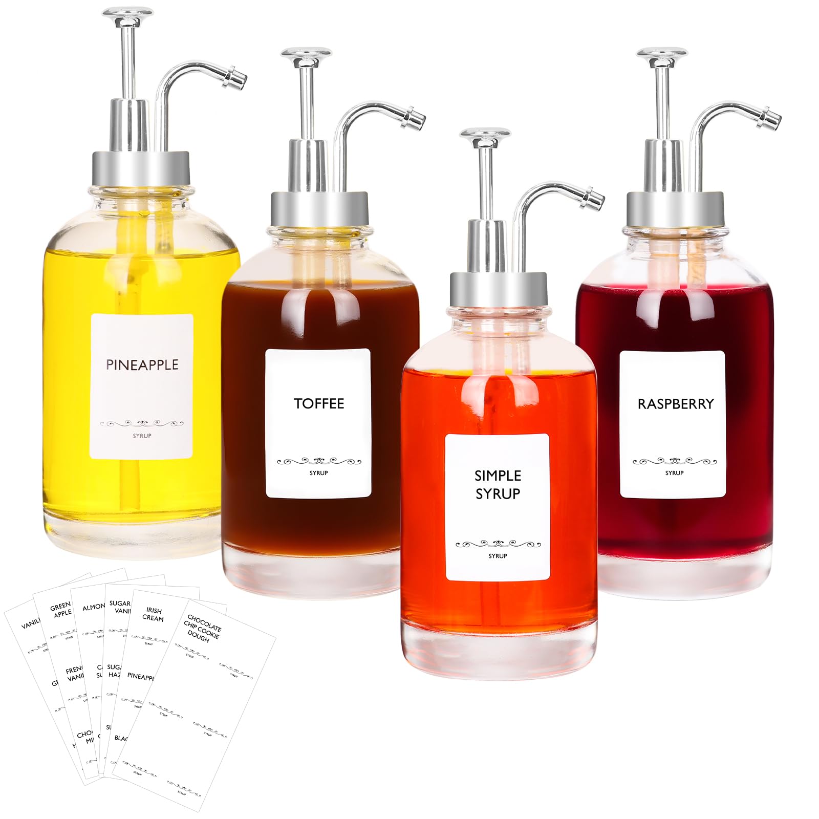 Photo 1 of ?16.9oz Coffee Syrup Dispensers 4Pack- Glass Syrup Dispenser Kit for Coffee Bar Accessories for Home Coffee Bar/Premium Labeled Barista Kit, Silver