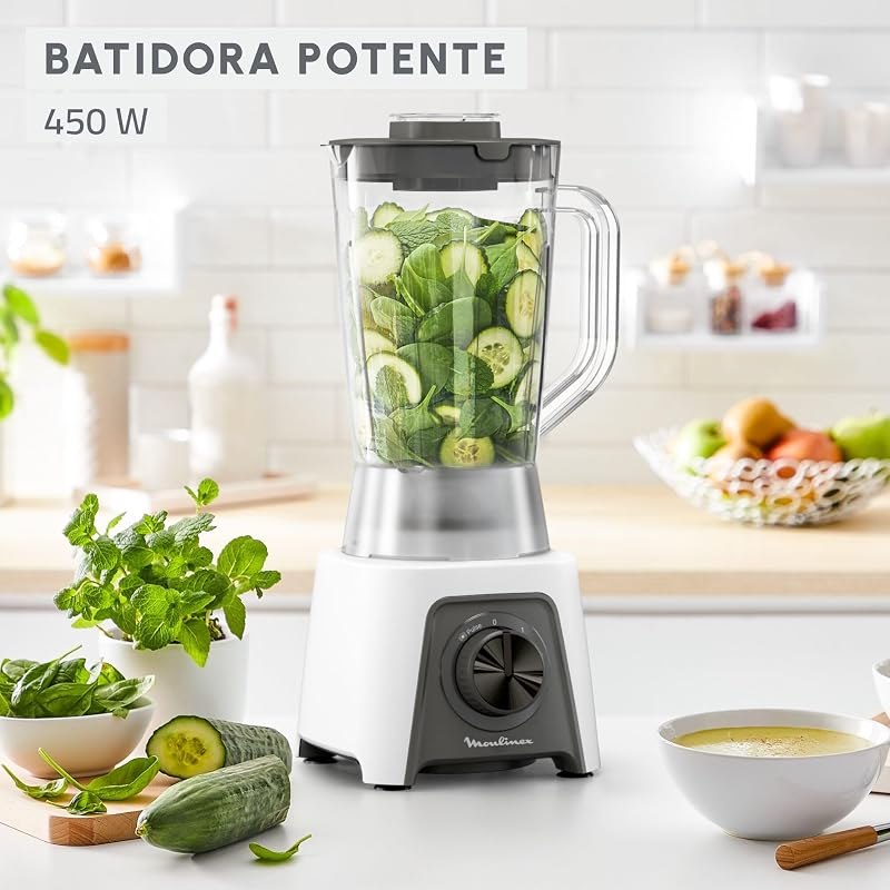 Liquidificador moulinex blendeo+ lm2c01 450 w, capacidade 1,5l, aço inoxidável, liquidificador de 2 velocidades, triturador de gelo, lâminas zelkrom resistentes, bloqueio inteligente