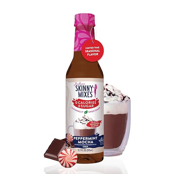 JORDAN’S SKINNY MIXES SUGAR FREE COFFEE SYRUP, PEPPERMINT MOCHA COFFEE FLAVORING SYRUP, NATURALLY SWEETENED ZERO CALORIE DRINK MIX, LATTES, BAKING OR PROTEIN SHAKE, DAIRY & GLUTEN FREE, 12.7 FL OZ