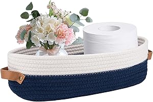 Hapforever 1 Pack Small Woven Storage Basket for Toilet Tank Top, Bathroom Countertop Organizer Cotton Rope Toilet Paper Stor
