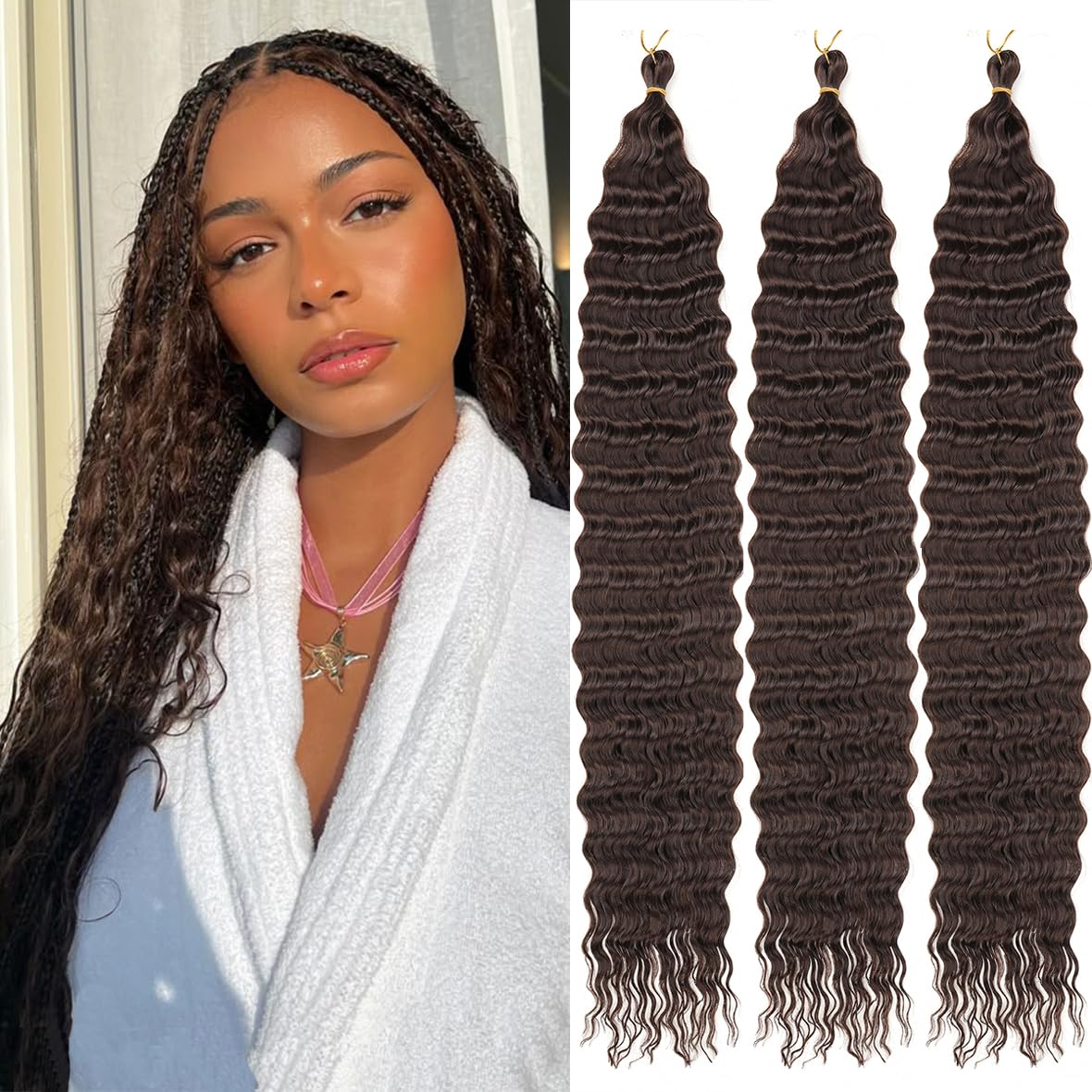 Kachanaa 30 Inch Ocean Wave Crochet Hair Synthetic Crochet Braiding Hair for Boho Box Braids 3 Pack Dark Brown Pre-Separate Deep Wave Braiding Hair Extensions for Goddess Braids /4#