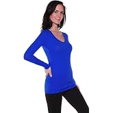 ACTIVE Basic Women's Plain Cotton Blend Deep V Neck T Shirt with Long Sleeves