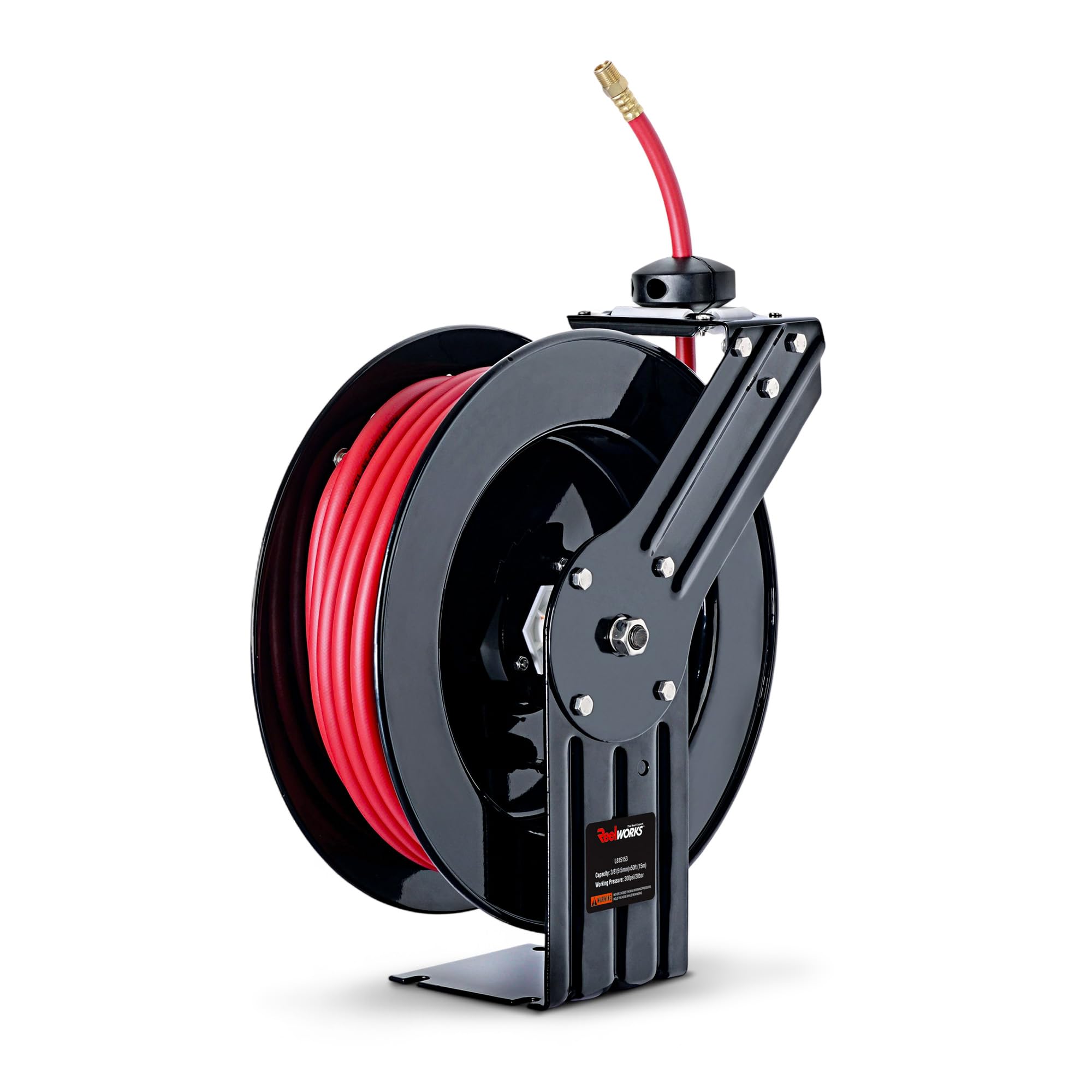 ReelWorks Air Hose Reel Retractable 3/8" Inch x 50' Feet Hybrid Polymer Hose, Max. 300 PSI Compressor Water Plastic Spring Driven Swivel Bracket