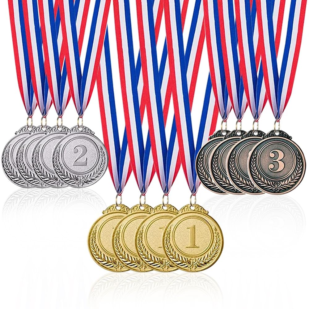 CJBIN Medals for Children, 12 Pcs Sports Day Medals, 2 inch Gold Silver Bronze Medals, Party Favours for Kids Adults, Metal Medals for Events Classrooms Sports