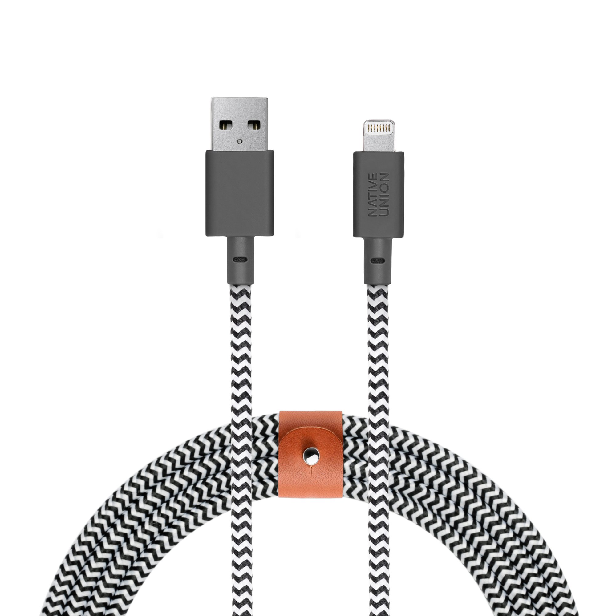 Native Union BELT Cable XL - 3m (10ft) Ultra-Strong Reinforced [MFi Certified] Lightning to USB Charging Cable with Leather Strap compatible with iPhone/iPad (Zebra)
