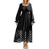 Simplee Women's Boho Flowy Long Sleeve Maxi Dress Square Neck Empire Waist Smocked Swing Wedding Guest Dress