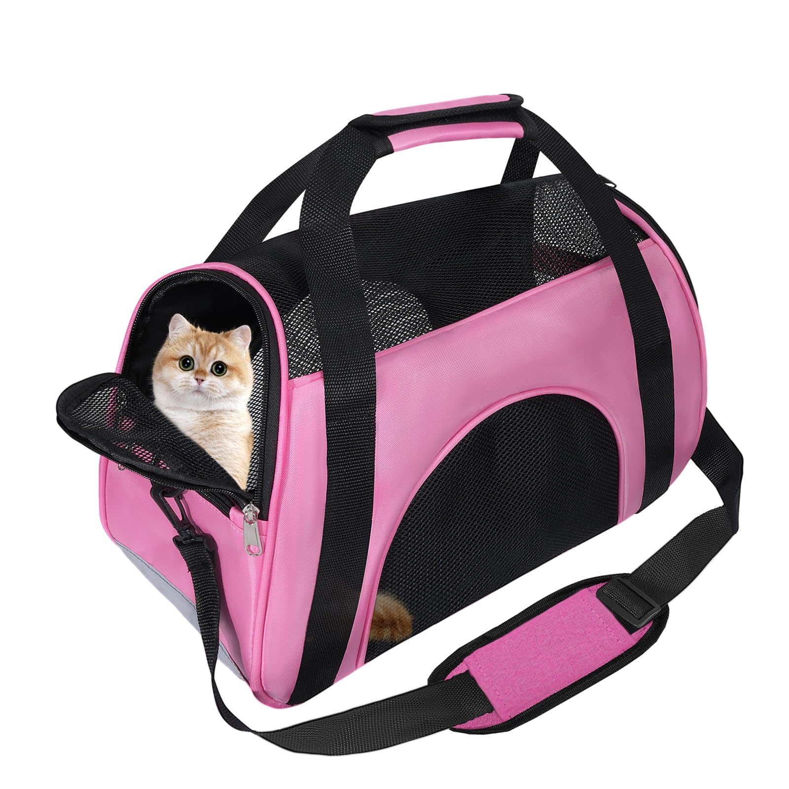 Soft Sided Portable Cat Carrier, Foldable Pet Travel Carriers Bag For Cats/Small Dog/Puppy With Shoulder Strap & Removable Mat,Comfort Cat Basket Airline Approved(Pink/Medium)