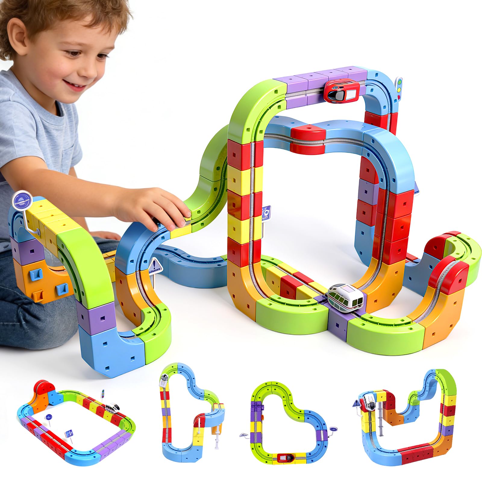 Clickrail Electric Train Set Magic Rail Cube Train Set with 67Pcs Cube Track+52Pcs Accessories Track Fusion Train Track with 2 Rechargeable Magnetic Train Anti-Gravity Train Toy for Kids