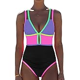 popvil Women One Piece Swimsuit 2026 Tummy Control Sexy Cutout Neon Color Block Bathing Suit Slimming Adjustable Swimwear