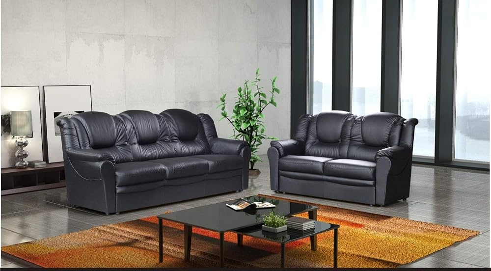 Sofas and More 3 2 Seater Sofa Set Faux Leather Black High Back Living Room