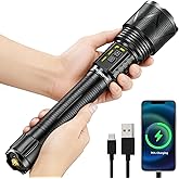 10,000 High Lumens Rechargeable LED Flashlights, 70W High Power XHP360 Wick Super Bright Zoomable Tactical Flashlight with USB Output, Dual Powerd Large Size Flash Light for Emergency Camping Hunting