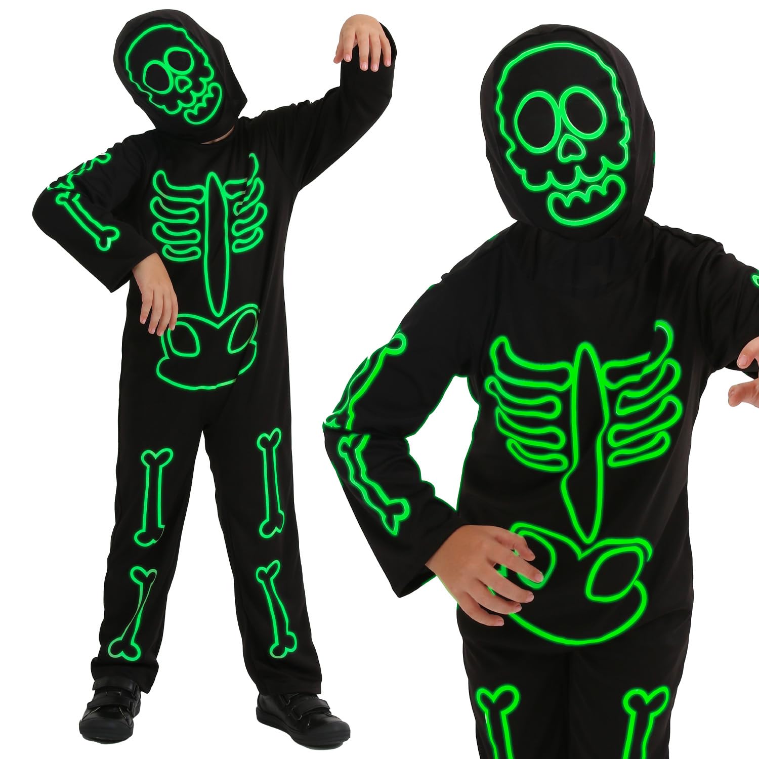 Childs Glow in the Dark Skeleton Stick Man Costume - Small - Black Costume with Glow in the Dark Skeleton Bone Print - Childs Halloween Trick or Treat Fancy Dress