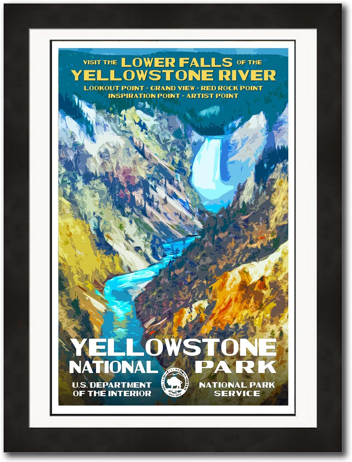 Wall Décor - National Park Posters Yellowstone National Park -Lower Falls, Add Some Retro Flair To Your Home - Original Vintage National Park Decor Design by Robert B. Decker - 100% Recycled Material - Unframed - 13