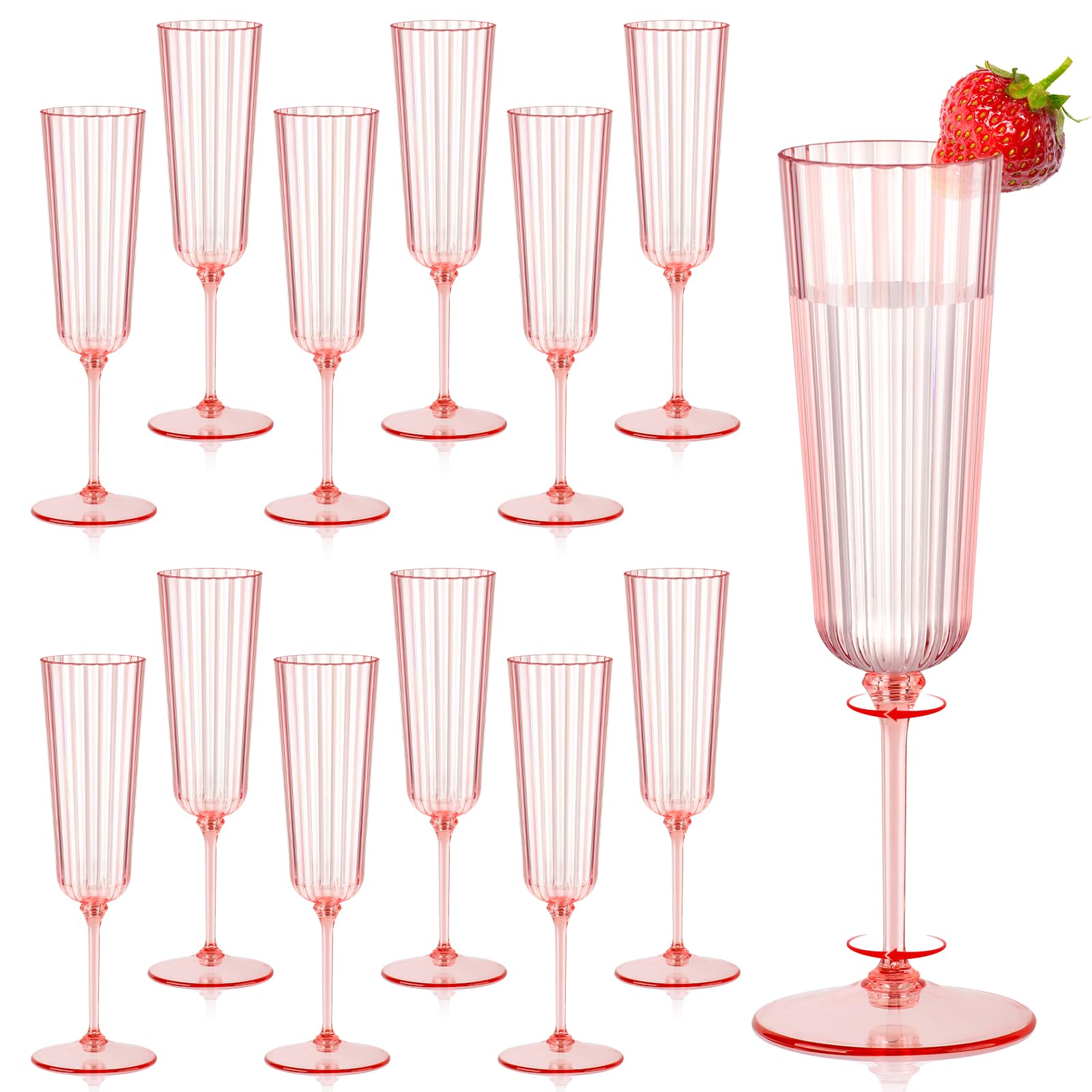 Photo 1 of 12 Pack Plastic Champagne Flutes Pink Unbreakable Ribbed Champagne Glasses Detachable 5.5 Oz Disposable Stemware Glasses Wine Toasting Cups for Wedding Valentines Engagement Pink Themed Party