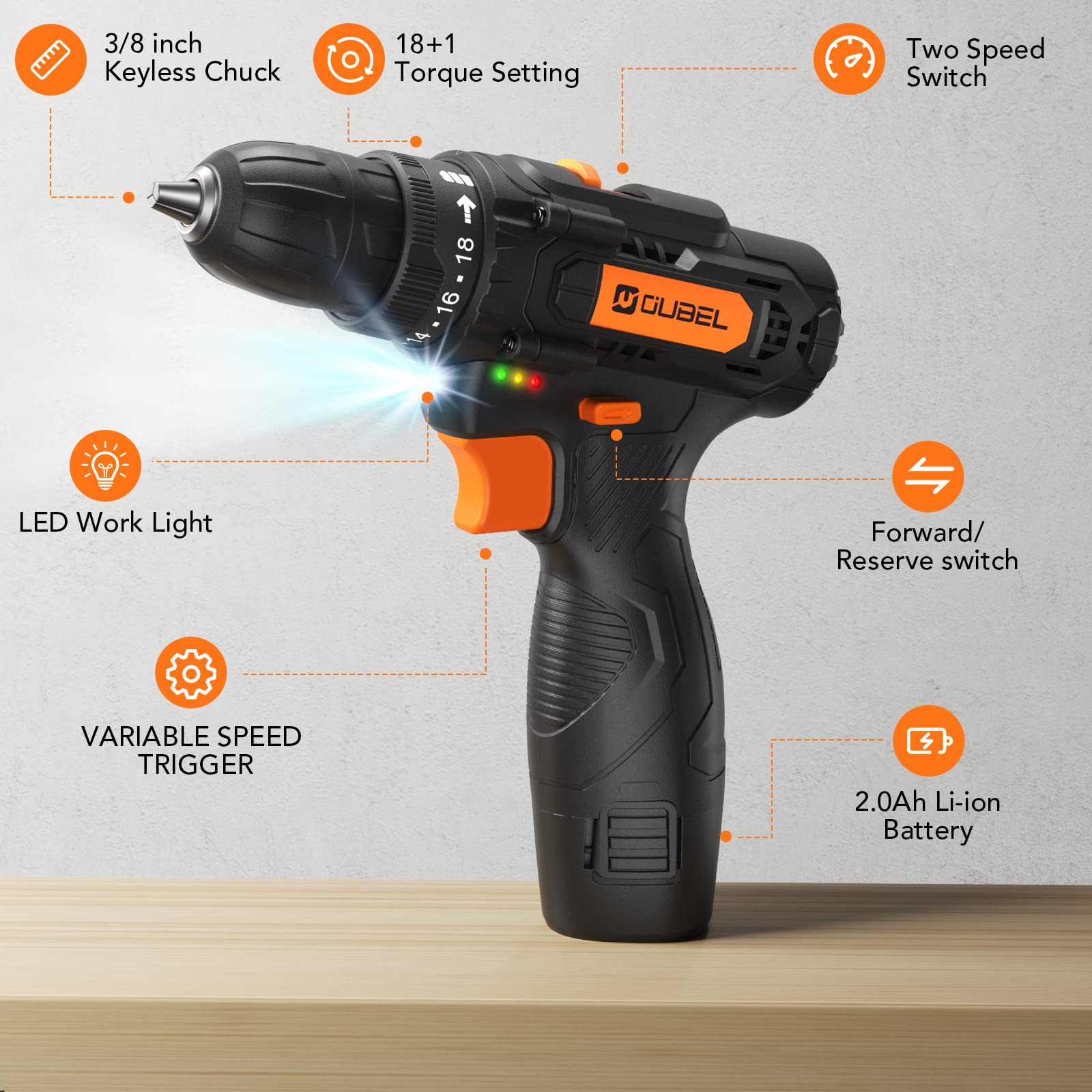 Drill Set, OUBEL 12V Cordless Drill with 42 Acessories, Home Power Drill Cordless with 3/8