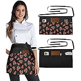 Slohif Reversible Server Apron 6 Pockets - Waist Apron for Waitress Women Half Serving Short Apron for Waiter