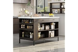 AIEGLE Kitchen Island with Storage Cabinet, Stationary Kitchen Table with 6 Open Shelves & 2 Drawers, Dining & Prep Table with Marble Grain Tabletop for Dining Room, Dark Brown
