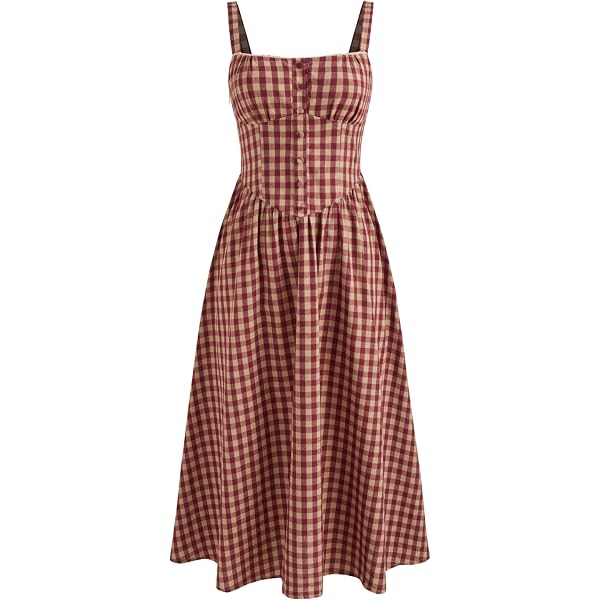 Generic Women's Elegant Plaid Midi Dress French Vintage Spaghetti Strap  A-Line Ball Gown Red, X-Small at Amazon Women's Clothing store