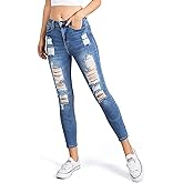 WAX JEAN Womens High Waist Cropped Distressed Skinny Jeans (Distressed Medium Denim, 7)