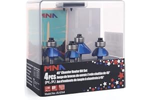 MNA 45 Degree Chamfer Bit 4 Pcs Set,1/4 Inch Shank Cutting Diameter in 1/4”, 5/16”, 3/8”, 1/2”.Ideal for Angled Edges, Clean Edge(Send Bearing)