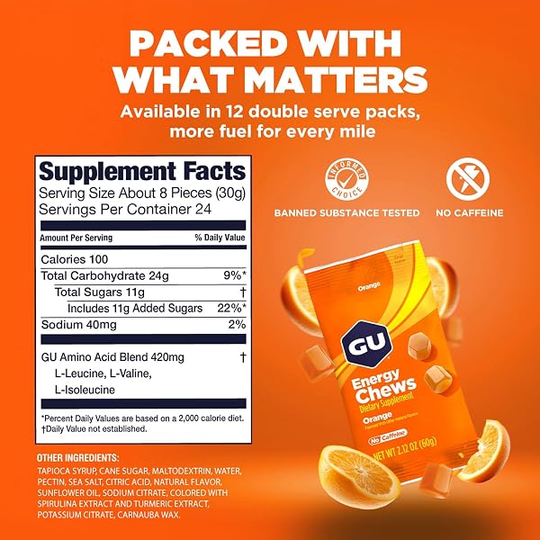 GU ENERGY CHEWS, ORANGE ENERGY GUMMIES WITH ELECTROLYTES, VEGAN, GLUTEN-FREE, KOSHER, CAFFEINE-FREE, AND DAIRY-FREE ON-THE-GO ENERGY FOR ANY WORKOUT, 12 BAGS (24 SERVINGS TOTAL)