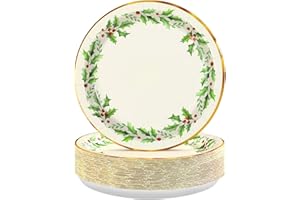 GRENCIAN 50Pcs Christmas Round Paper Plates 9 Inch Heavy Duty Xmas Holly Berries Leaf Disposable Dinner Plates Christmas Dessert Plate for Holiday Winter Birthday Merry Xmas Bridal Shower Party Table Supplies