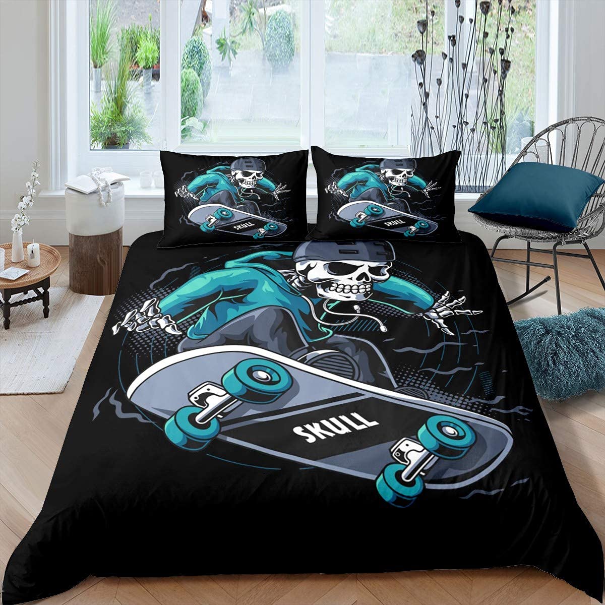 Skateboard Bedding Set King Size Hip Pop Sugar Skull Comforter Cover Skate Board Street Sports Duvet Cover Skeleton Hippie Bedspreads Cover With 2 Pillow Cases Child Room Decor Blue Black — image 1
