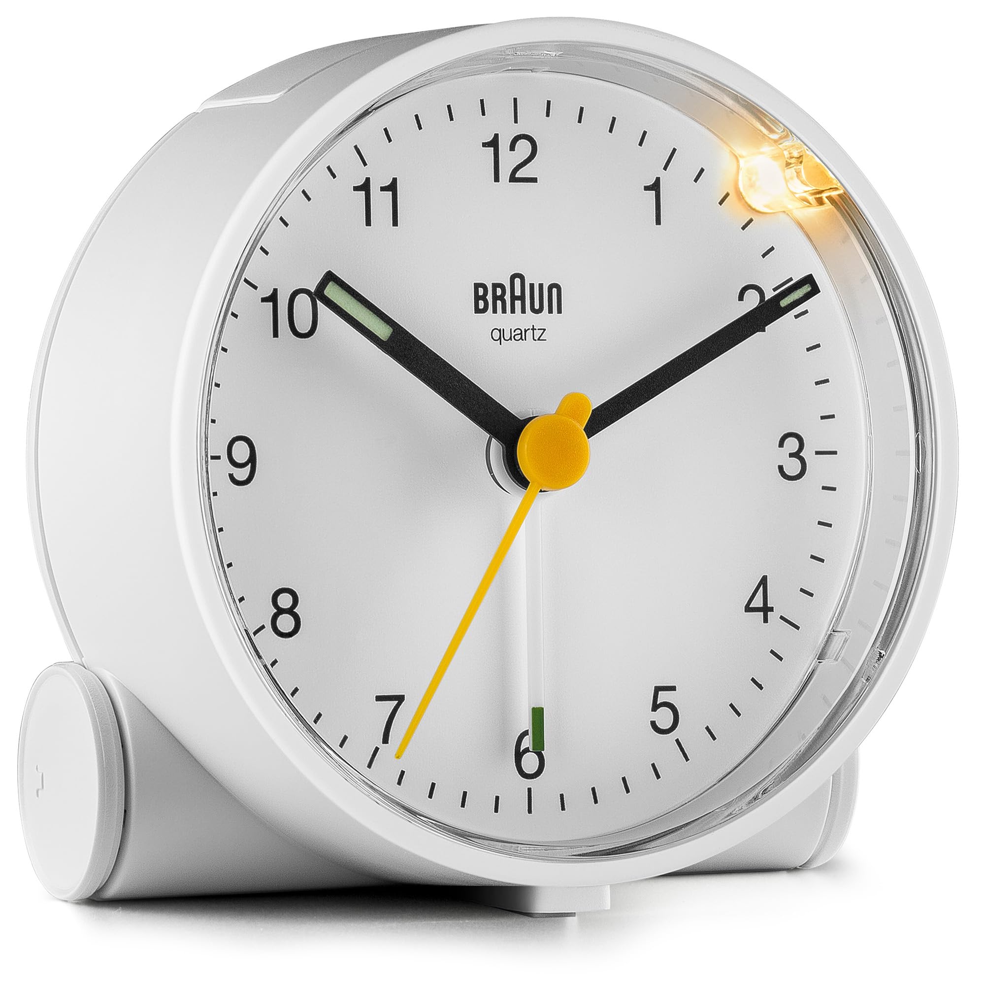 Braun Classic Analogue Alarm Clock with Snooze and Light, Quiet Quartz Movement, Crescendo Beep Alarm in White, model BC01W.