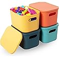 HapiLeap Plastic Storage Bins with Lid, Stackable Storage Containers for Organizing, Decorative Storage Baskets for Shelves Living Room Playroom Classroom Office (Small (4 PCS))
