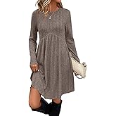 OFEEFAN Long Sleeve Dress for Women Crew Neck Empire Waist Tunic Dress with Pockets