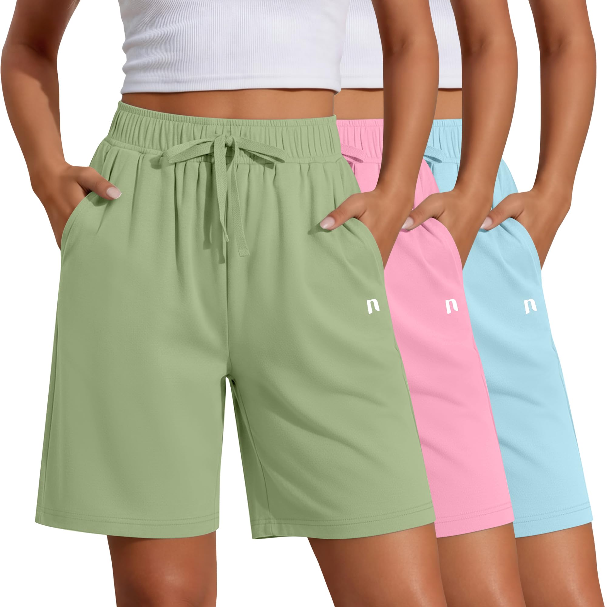 Photo 1 of Neer 3 Pack Women's Quick Dry Shorts Women Drawstring High Waisted Bermuda Athletic Shorts with Pockets(Baby Blue, Peach Pink, Fruit Green,Large)